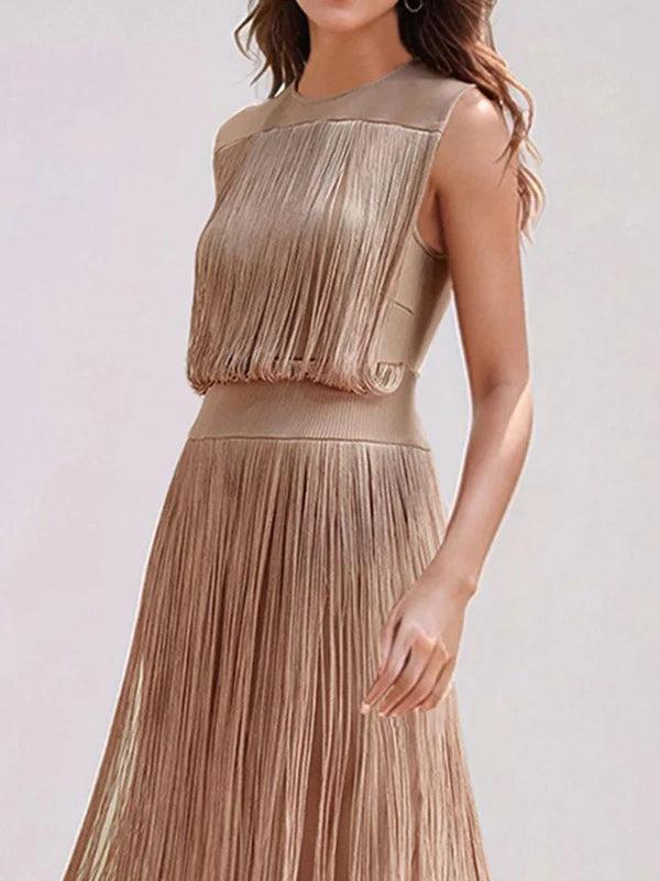 Aurohaya Elegant Sleeveless High Waist Slim Tassel Midi Dress