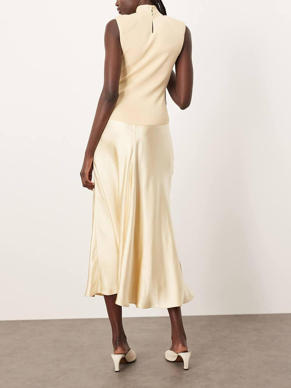 Aurohaya Elegant Knitted Satin Spliced Low-Waist Midi Dress