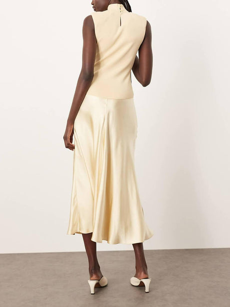 Aurohaya Elegant Knitted Satin Spliced Low-Waist Midi Dress