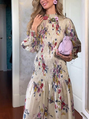 Aurohaya Elegant Crinkled Floral Print Puff Sleeve Maxi Dress