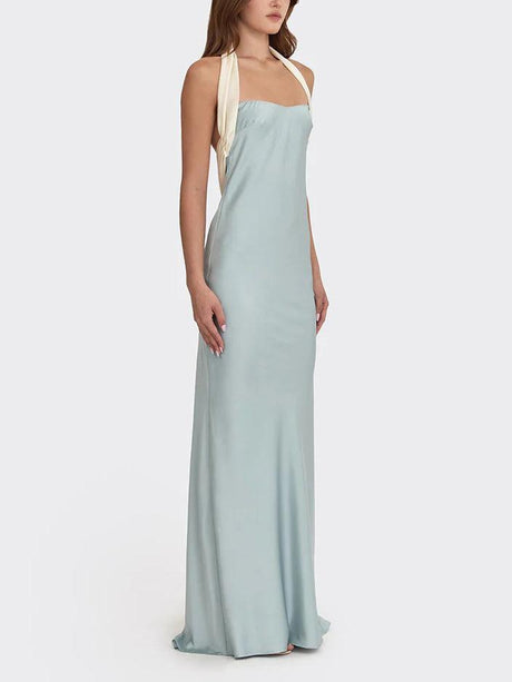 Aurohaya Elegant Satin Contrast Halter Neck Party Maxi Dress