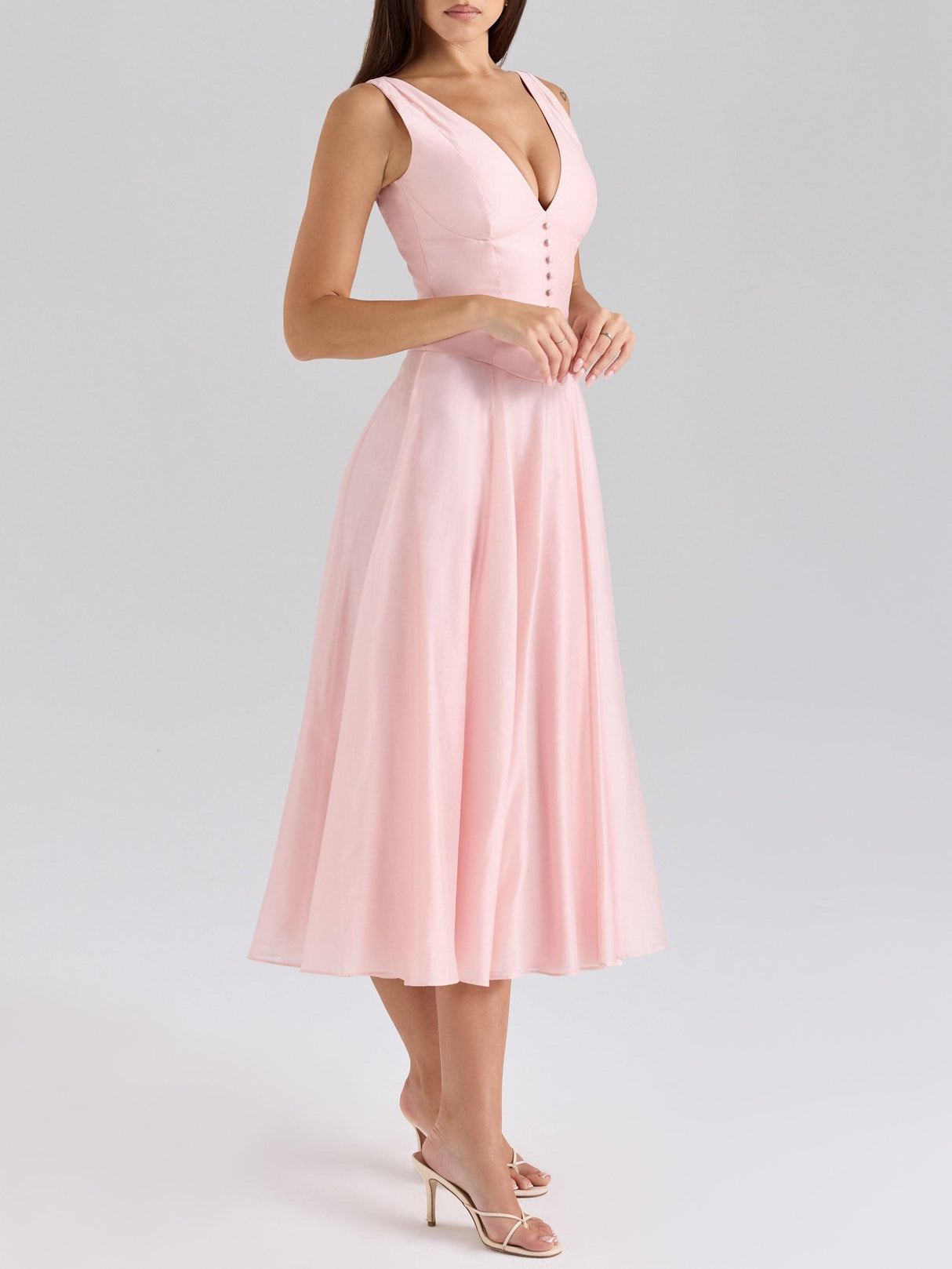 Aurohaya Elegant V-neck Chiffon Button Midi Dress