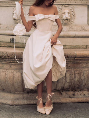 Aurohaya Elegant Bow Off-the-shoulder Puffy Skirt Maxi Dress
