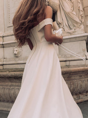 Aurohaya Elegant Bow Off-the-shoulder Puffy Skirt Maxi Dress