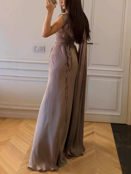 Aurohaya Elegant Draped Sash Satin Evening Gown Maxi Dress