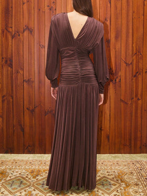 Aurohaya Elegant Sequin Panel Ruched Lantern-Sleeve Bodycon Maxi Dress