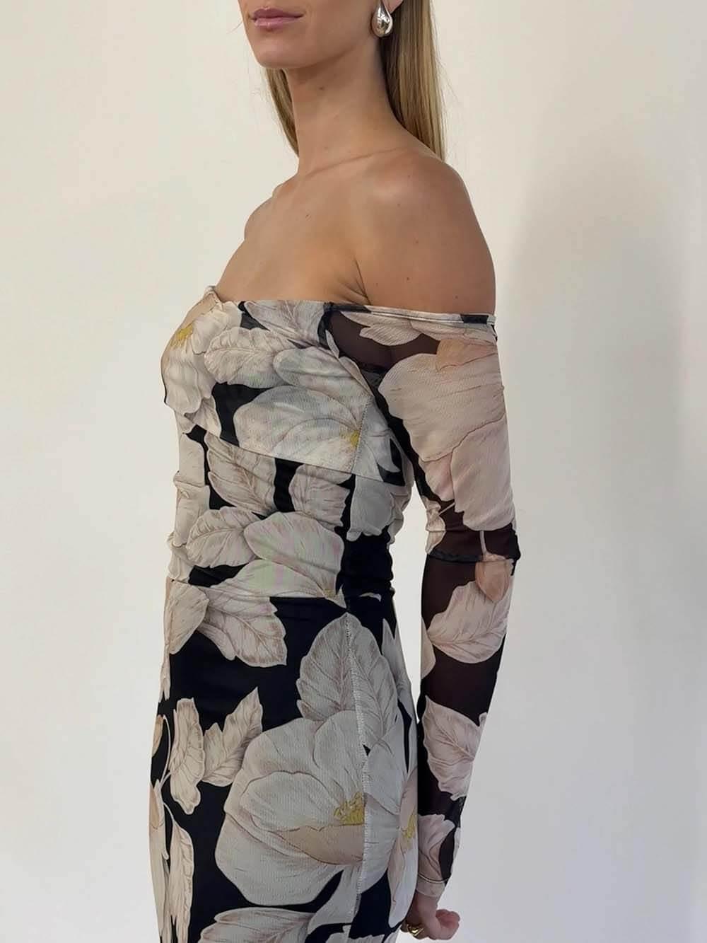 Aurohaya Elegant Floral Print Off-Shoulder Mesh Maxi Dress
