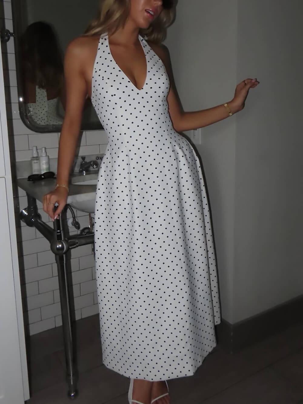 Aurohaya Classic Polka Dot Print Backless Tie Midi Dress