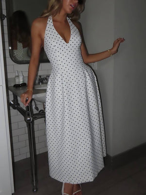 Aurohaya Classic Polka Dot Print Backless Tie Midi Dress