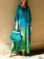 Aurohaya Bohemian Floral Print Satin Maxi Dress Green