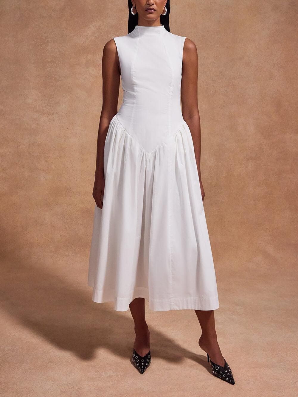 Aurohaya Casual Pleated Slim Low Waist Midi Dress