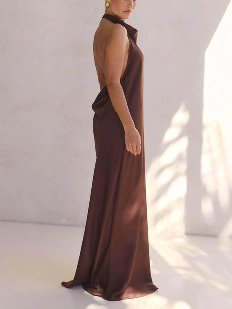 Aurohaya Elegant Halter Draped Neck Satin Backless Maxi Dress