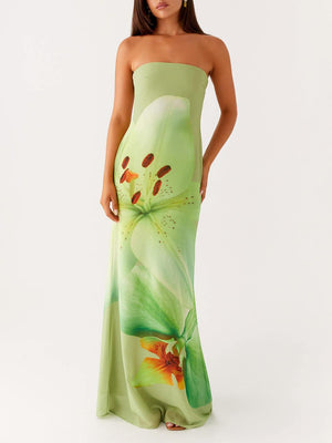 Aurohaya Elegant Satin Unique Floral Print Off Shoulder Maxi Dress