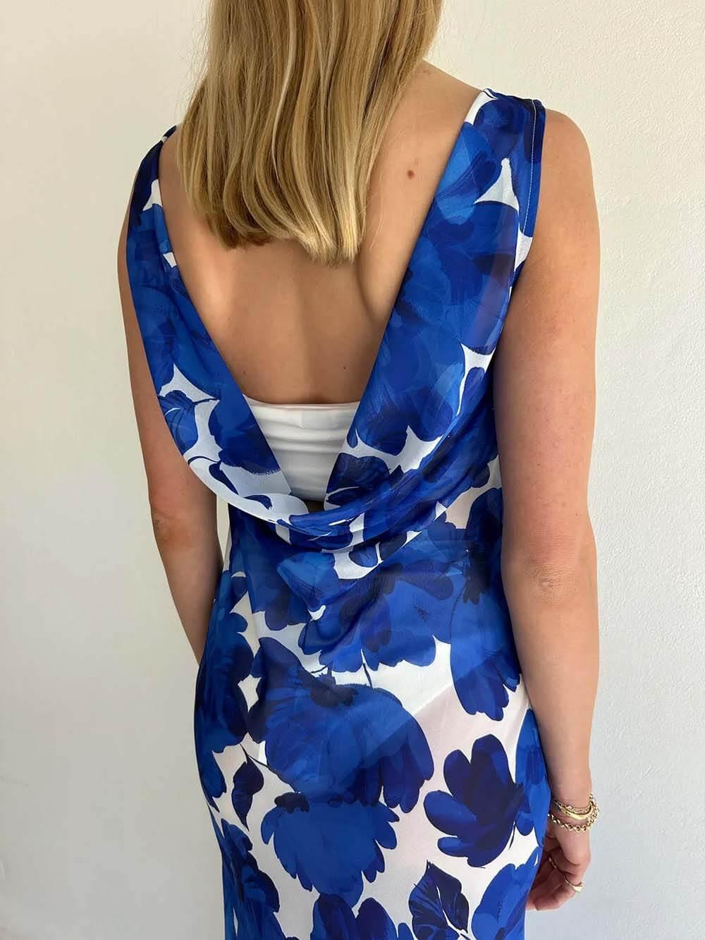 Aurohaya Elegant Floral Print Tie-Back Draped Open-Back Maxi Dress