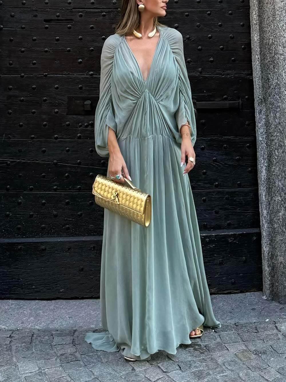 Aurohaya Beautifully Pleated Draped V-Neck Batwing Sleeve Maxi Dress