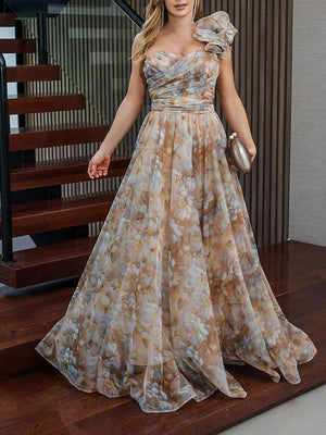 Aurohaya Elegant Romantic Ball Chiffon Floral One-shoulder Pleated Design Back Lace-up Gown Maxi Dress Camel