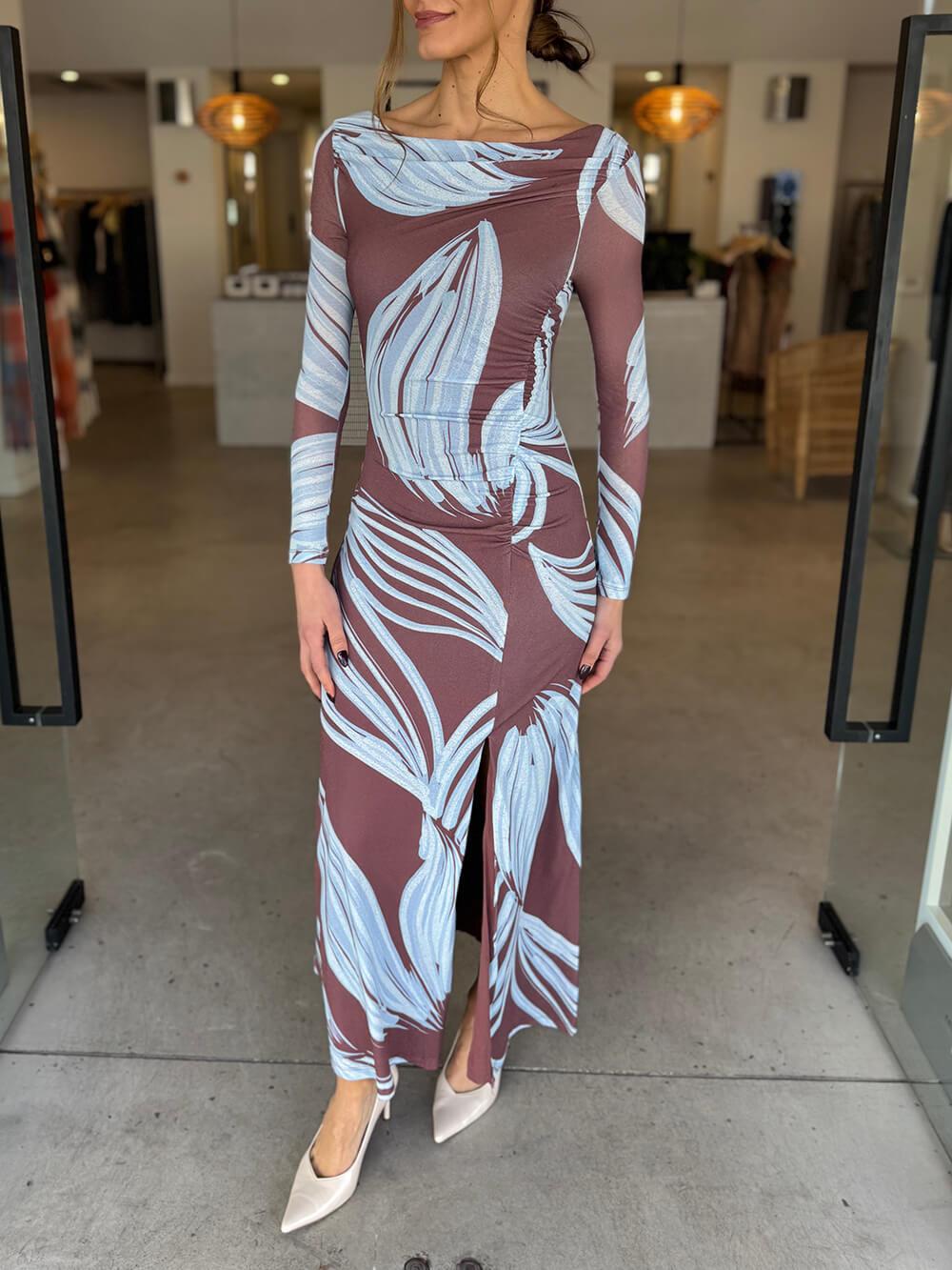 Aurohaya Elegant Printed Off-Shoulder Ruched Front Slits Maxi Dress
