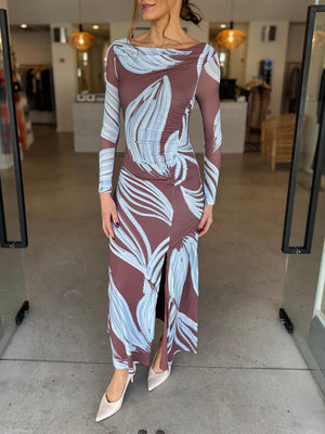 Aurohaya Elegant Printed Off-Shoulder Ruched Front Slits Maxi Dress