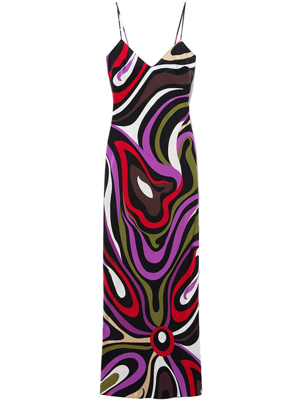 Aurohaya Retro Printed Satin Backless Maxi Dress