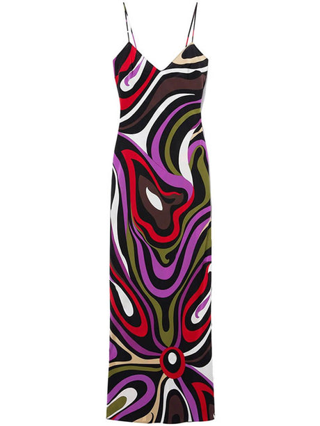 Aurohaya Retro Printed Satin Backless Maxi Dress