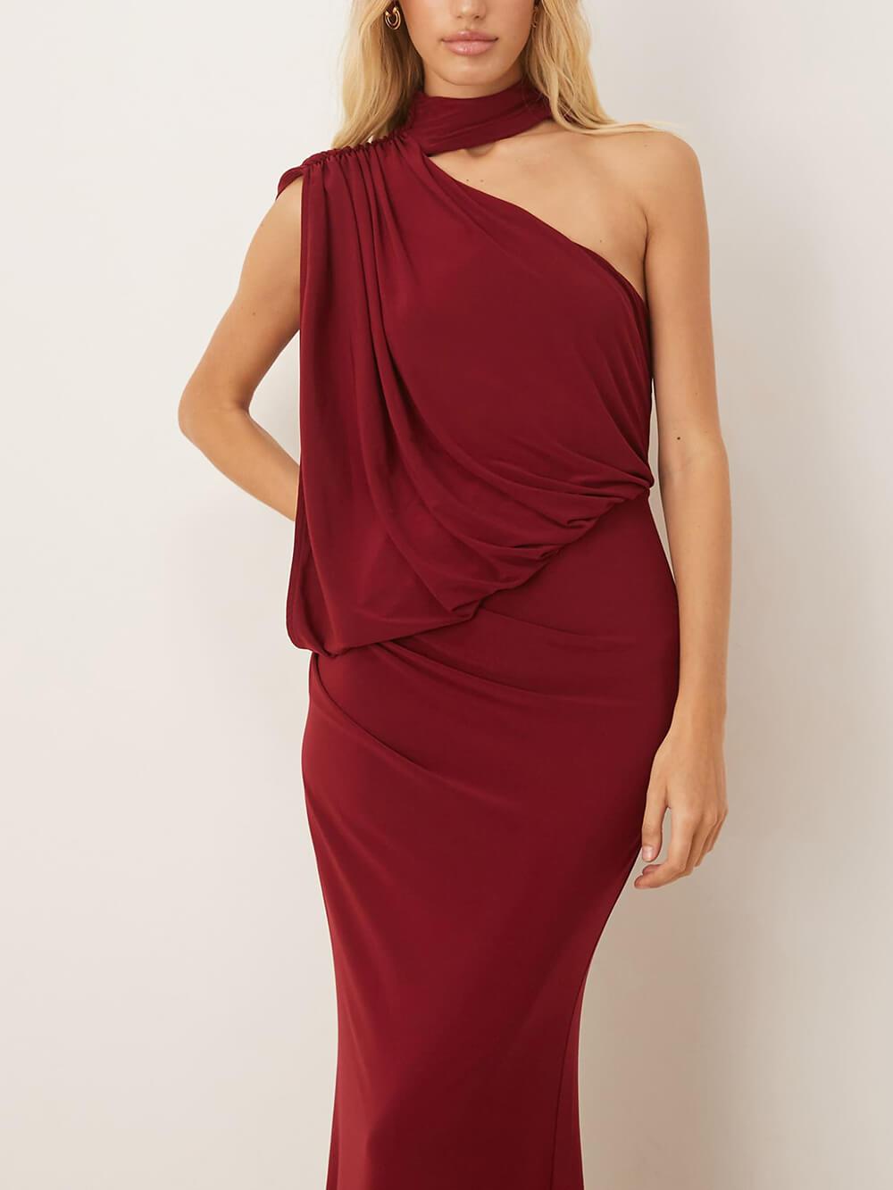 Aurohaya Exquisite One-Shoulder Draped Pleated Cape Maxi Dress