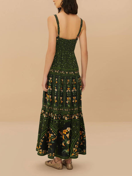 Aurohaya Unique Tropical Bloom Floral Print Linen-Blend Pleated Back Maxi Dress