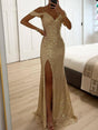Aurohaya Elegant V-Neck Sequin Side-Slit Sleeveless Gown Maxi Dress Champagne
