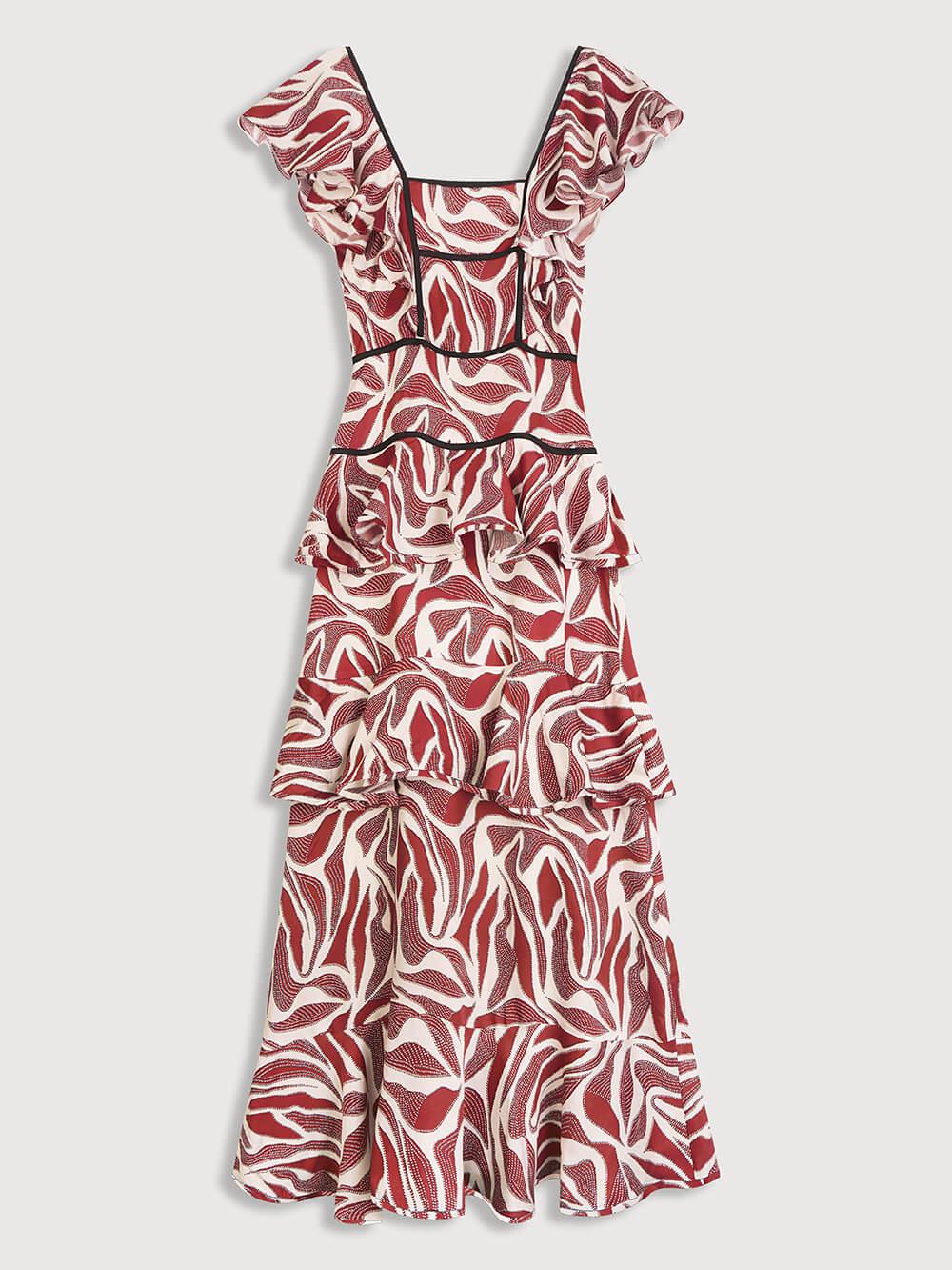 Aurohaya Retro Unique Layered Print Contrast Ruffle Trim Maxi Dress
