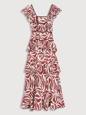 Aurohaya Retro Unique Layered Print Contrast Ruffle Trim Maxi Dress