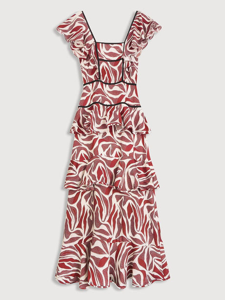 Aurohaya Retro Unique Layered Print Contrast Ruffle Trim Maxi Dress
