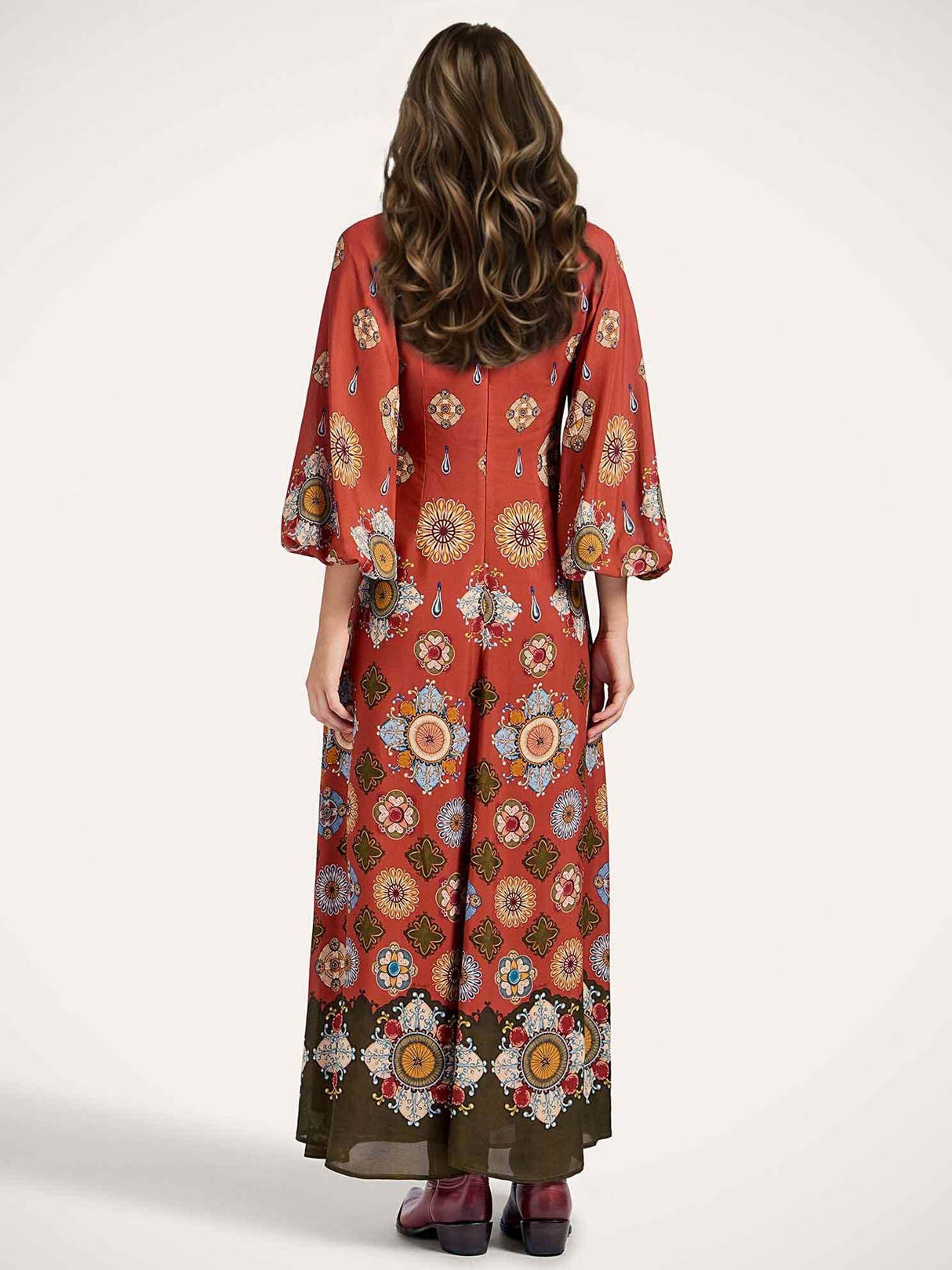 Aurohaya Elegant Satin Printed Shirt Collar Long Sleeve Maxi Dress