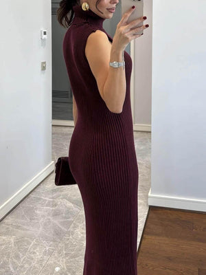 Aurohaya Elegant High-Neck Ribbed Knit Sleeveless Maxi Dress
