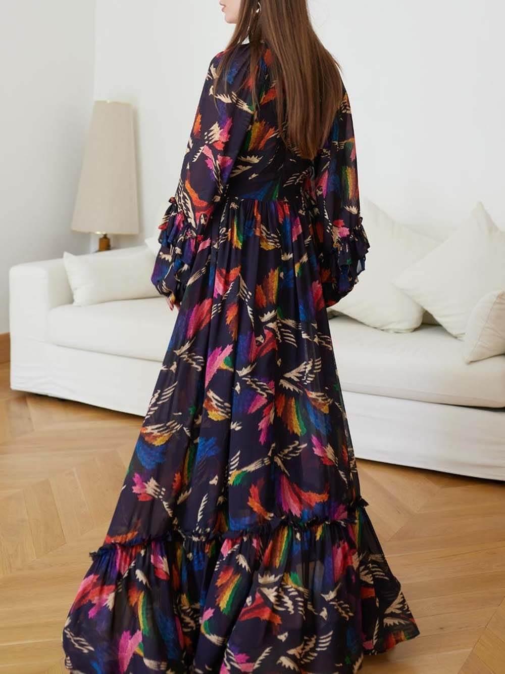 Aurohaya Delicately Patterned V-Neck Ruffle Sleeve Details Maxi Dress