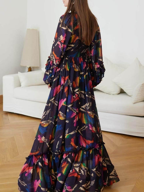 Aurohaya Delicately Patterned V-Neck Ruffle Sleeve Details Maxi Dress