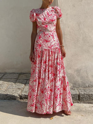 Aurohaya Beautiful Floral Print Cutout Open Back Pleated Maxi Dress Pink