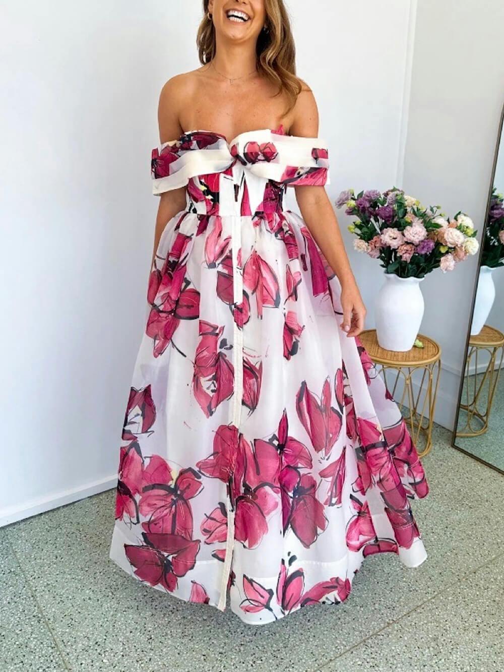 Aurohaya Delicate Playful Floral Print Cinched Waist Maxi Dress