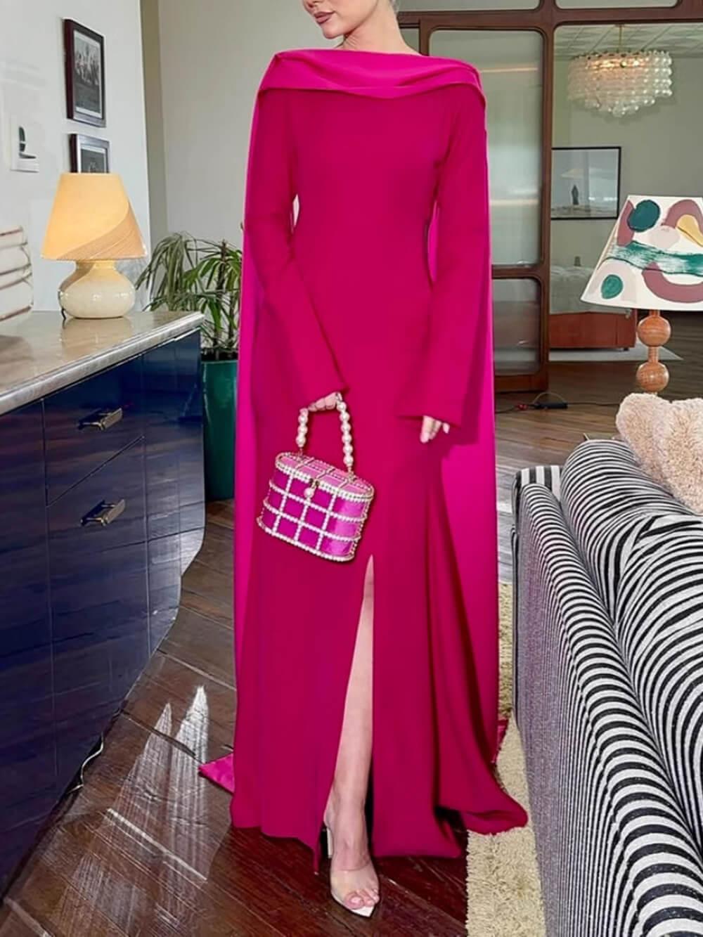 Aurohaya Elegant Slit Hip-Wrap Shawl Ribbon Evening Maxi Dress