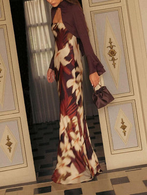 Aurohaya Elegant Chiffon Shirt Vintage Floral Print Long Dress Set