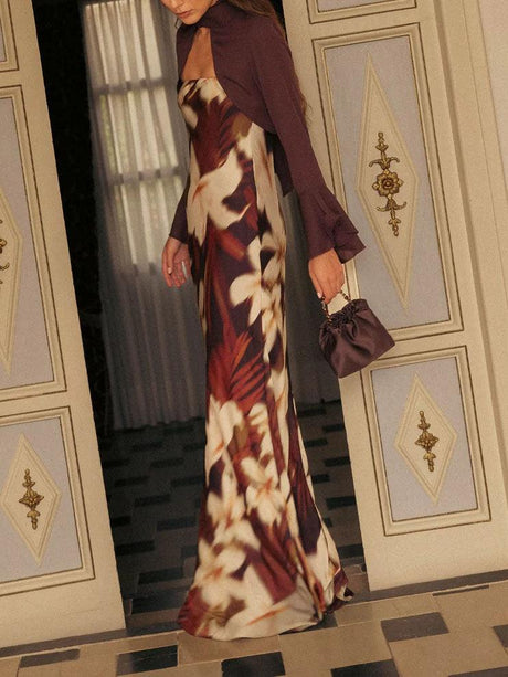 Aurohaya Elegant Chiffon Shirt Vintage Floral Print Long Dress Set