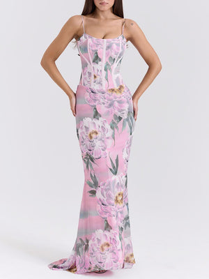 Aurohaya Retro Pink Floral Print Corset Maxi Dress Pink