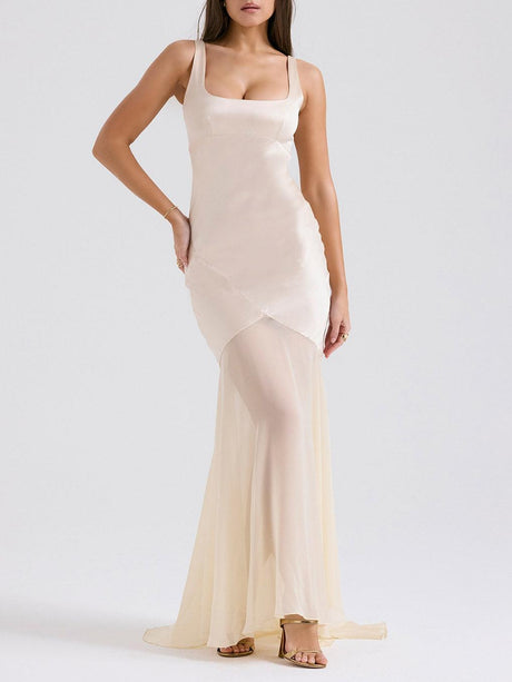 Aurohaya Elegant Square Neck Chiffon Floor-Length Maxi Dress Light Apricot