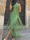 Fashion Elegant Sleeveless Halter Neck Tassel Slim Maxi Dress