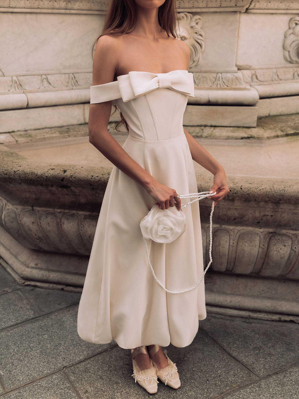 Aurohaya Elegant Bow Off-the-shoulder Puffy Skirt Maxi Dress