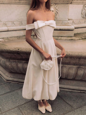 Aurohaya Elegant Bow Off-the-shoulder Puffy Skirt Maxi Dress