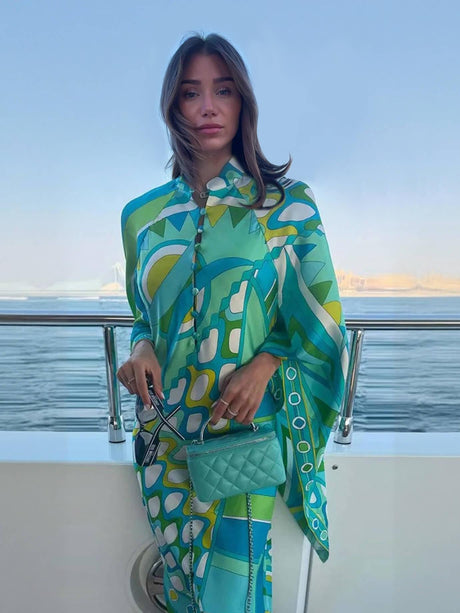 Aurohaya Elegant Button-Up Stand Collar Printed Loose Flared Asymmetrical Midi Dress