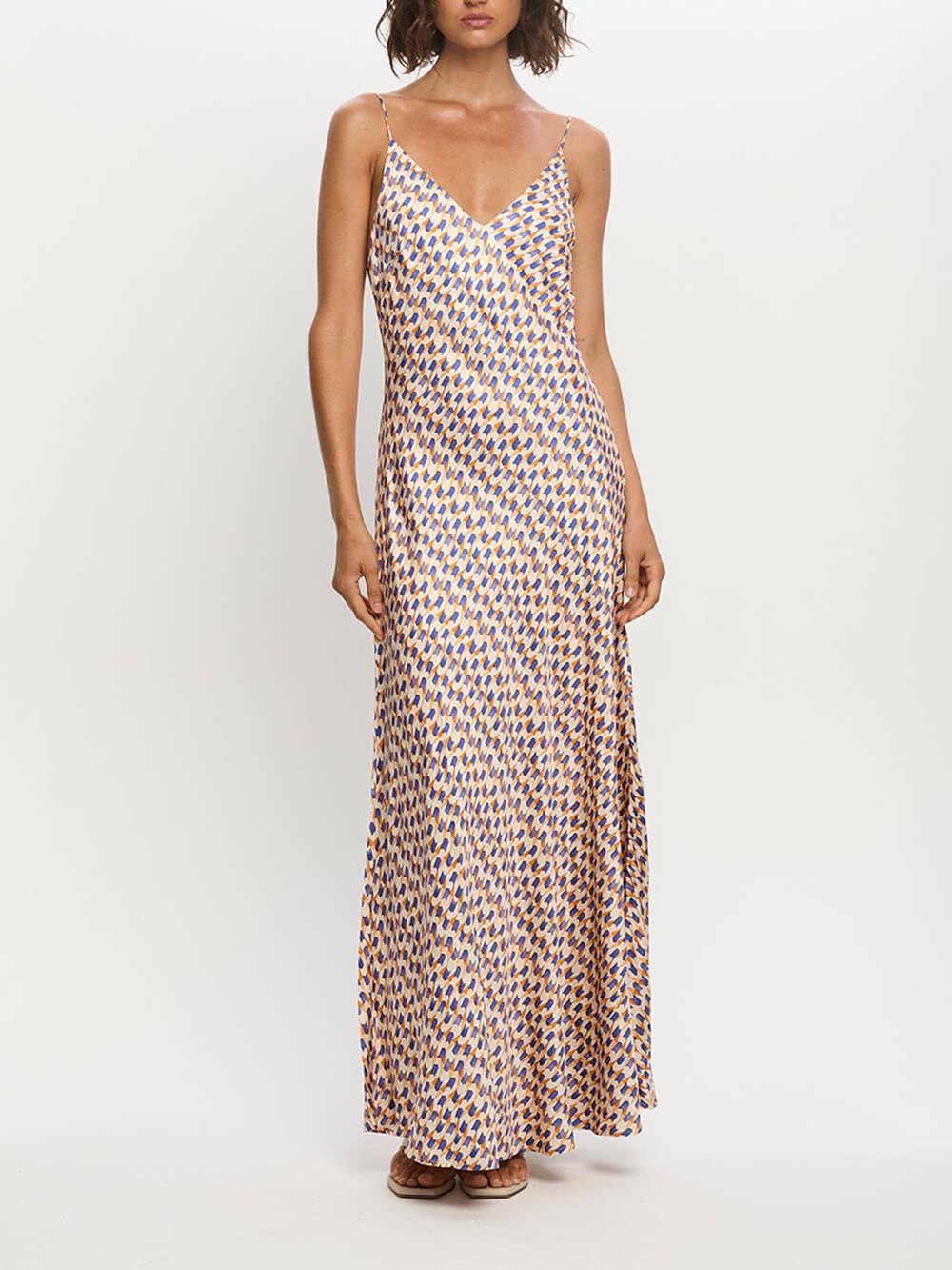 Aurohaya Elegant Geometric Print Strappy Maxi Dress