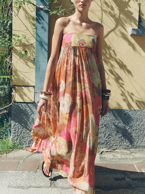 Aurohaya Ethnic Floral Print Off Shoulder A-line Maxi Dress
