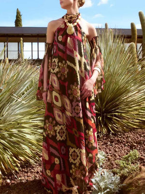 Aurohaya Retro Bohemian Geometric Print Convertible Sleeve Maxi Dress