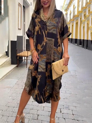Aurohaya Retro Satin Print V-Neck Shirt Midi Dress Black