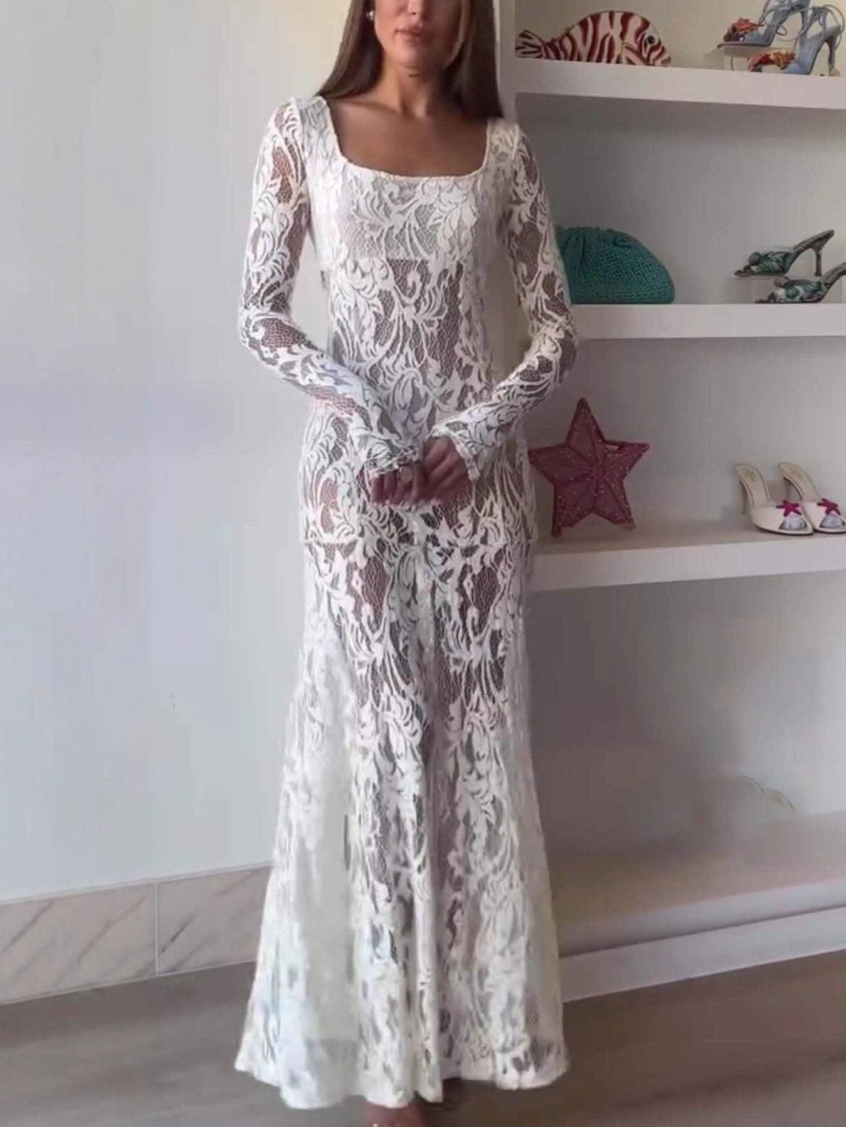 Aurohaya Exquisite Lace Square-neck Long-sleeved Maxi Dress White